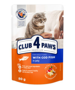 Club4Paws konservuotas kačių maistas su menke drebučiuose, 80g