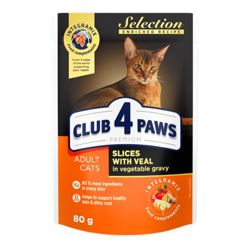 Club4Paws konservuotas kačių maistas su veršiena daržovių padaže, 80g