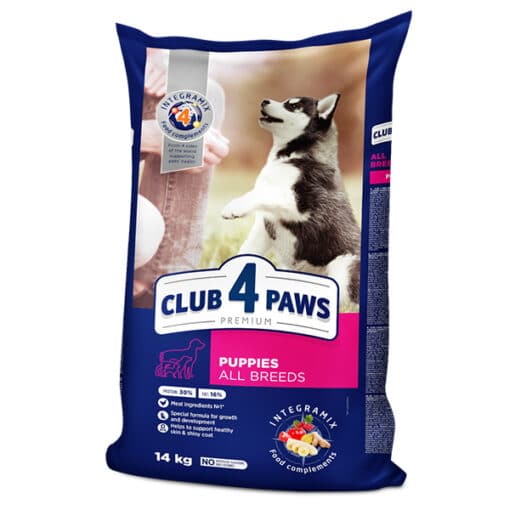 Club4Paws sausas šunų maistas su dideliu kiekiu vištienos, skirtas visų veislių šuniukams, 14kg