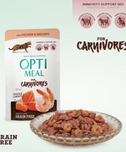 Optimeal konservuotas begrūdis kačių maistas su lašiša ir krevetėmis_