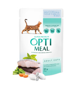 Optimeal konservuotas kačių maistas su menke ir daržovėmis, 85g