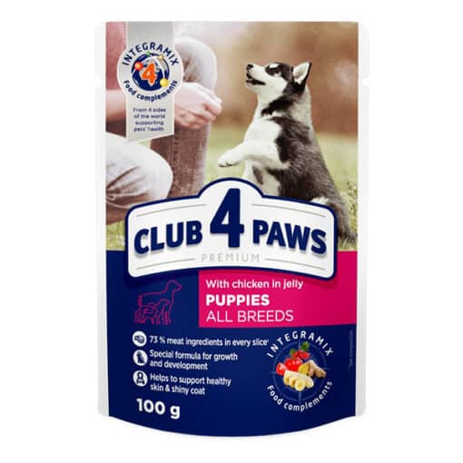 Club4Paws konservuotas šuniukų maistas su vištiena drebučiuose, 100g