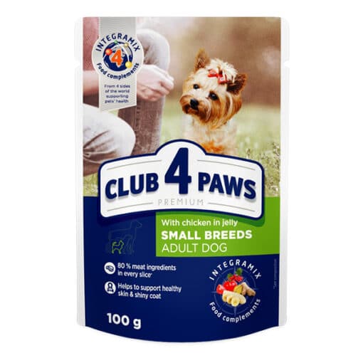 Club4Paws konservuotas šunų maistas su vištiena drebučiuose, skirtas visų veislių suaugusiems šunims, 100g