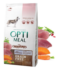 Optimeal begrūdis sausas šunų maistas su antiena ir daržovėmis, 1,5kg