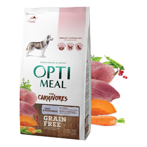 Optimeal begrūdis sausas šunų maistas su antiena ir daržovėmis, 1,5kg