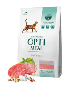 Optimeal sausas kačių maistas su jautiena ir sorgu, sterilizuotoms katėms ir kastruotiems katinams, 4kg