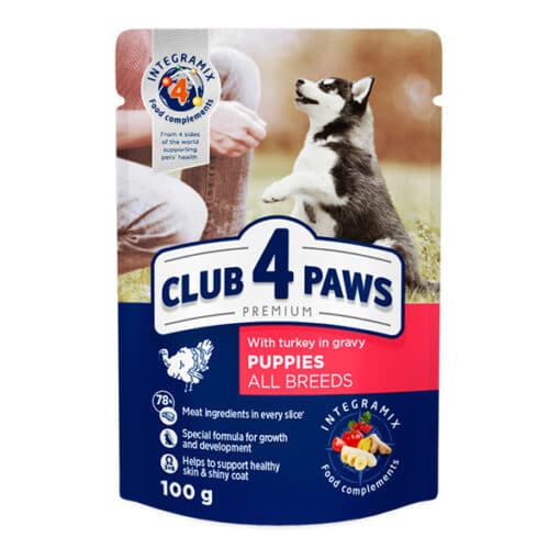 Club4Paws konservuotas šuniukų maistas su kalakutiena padaže, 100g