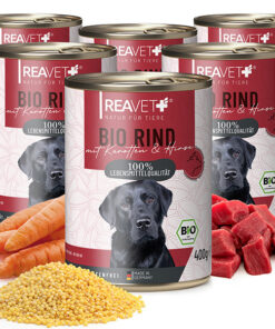 Reavet konservuotas šunų maistas su jautiena, morkomis ir sorais, 400g