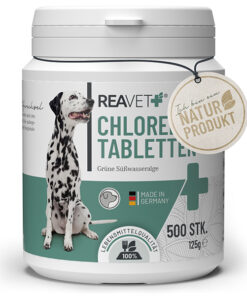 Reavet žaliadumblių chlorelių maisto papildas šunims, tabletės