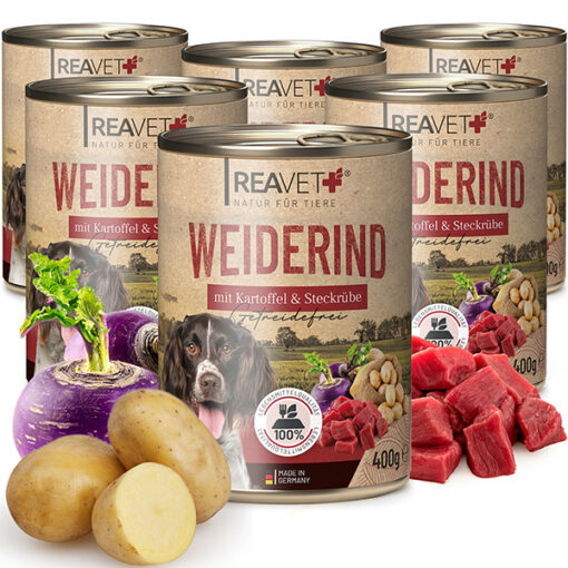 Reavet konservuotas šunų maistas su jautiena, bulvėmis ir valgomųjų griežčių, 400g
